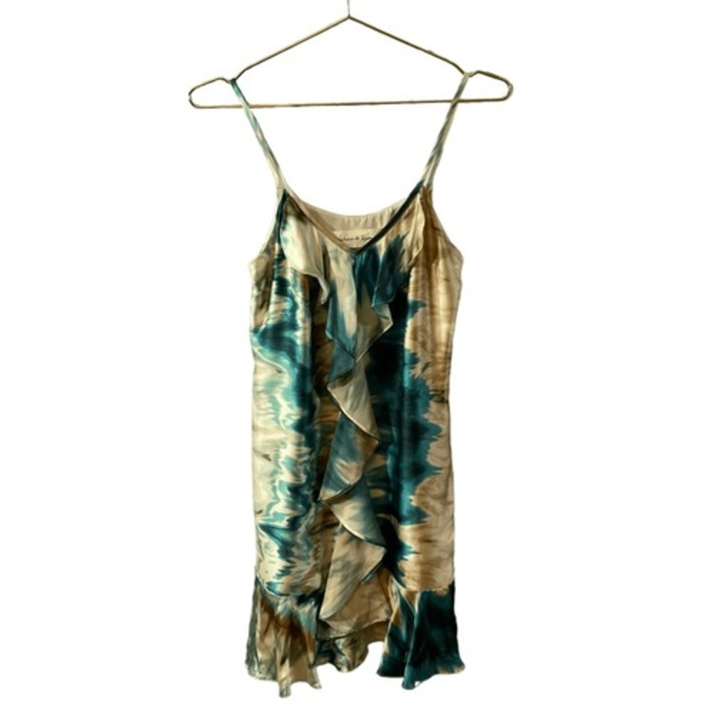 Graham & Spencer Teal Cream 100% Silk Ruffle Front Ikat Slip Dress Size M